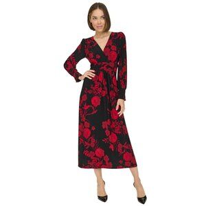 NWT Tommy Hilfiger Long Sleeve Smocked Midi Dress Black / Scarlet 8
